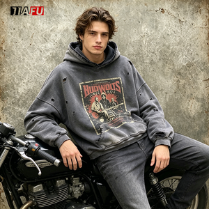 Heavyweight Fleece 500gsm <strong>Men's</strong> Printed Pullover <strong>Hoodie</strong> Distressed Washed Boxy Vintage Streetwear <strong>S</strong>-3XL Bulk Custom Graphic - Product Image 2