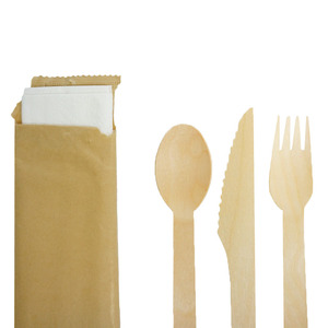 Ensemble de couverts en bois de bouleau, fourchette, couteau, cuillère avec serviette, emballé dans du papier brun BIS, 500 pièces, ustensiles jetables - Product Image 3