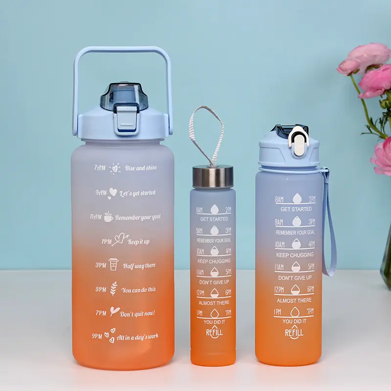 Kunden spezifisches Design Kunststoff 2L 3 In 1 Set Sport Gym Pastell Motivierende Wasser flasche mit Zeit marke