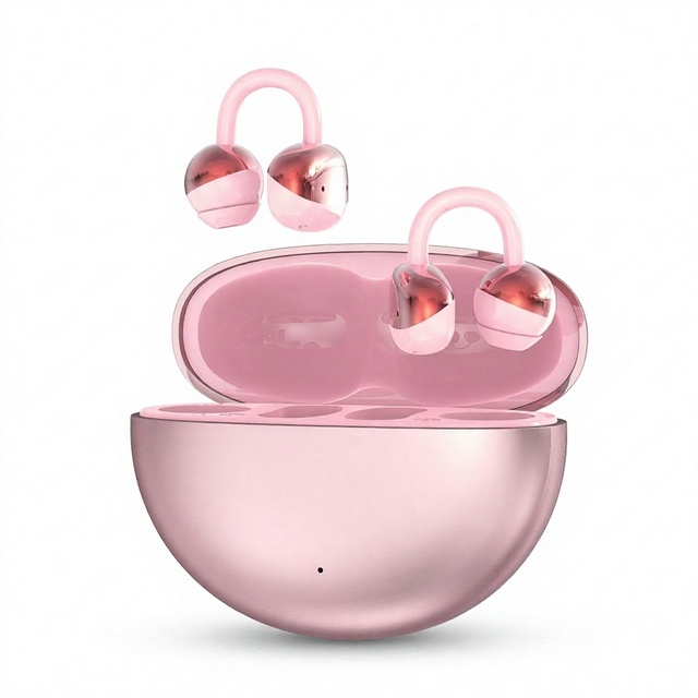 Pink Ear Clip Wireless Earbuds Bluetooth 6.0 TWS Open Ear Headphones for Sports Music Daily Use Women
