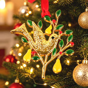 Ornamento Natalizio in Lega di Zinco: Pappagallo su un Peraio, Decorazione Dorata per Albero con Confezione Regalo, Ciondolo Festivo da Appendere - Product Image 1