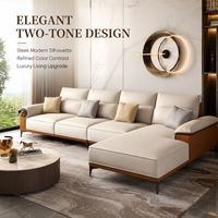 Sofá Seccional en Forma de L de Dos Tonos Crema con Chaise Longue y Detalles Dorados para Sala de Estar, Hotel, Apartamento, Salón