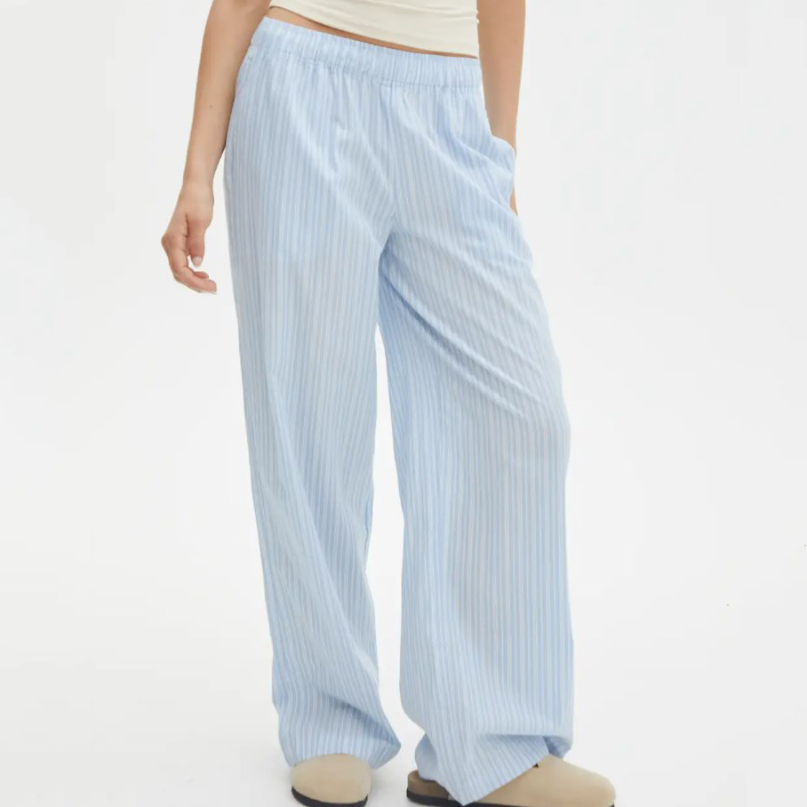 Wholesale Ladies Loose Fitting Straight Casual Stripe Trousers Custom Printing Women Striped Long Pants Cotton Wide Leg Pants