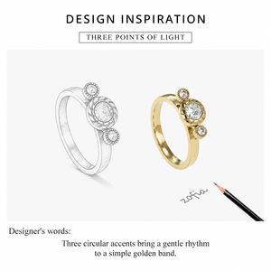 Three Stone Zircon <b>Ring</b> Stainless Steel 14K <b>Gold</b> Vacuum Plated Band with Round Center and Beaded Side <b>Settings</b> - Product Image 2