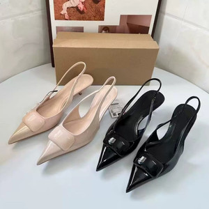 Mules à talons aiguilles en cuir verni noir pour femme – Élégantes et sexy – Sandales d'été sans talon pour femme - Product Image 1