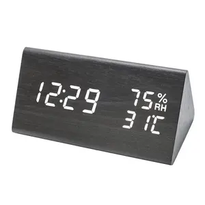 Promotional Gift Triangle Digital Led Alarm Clock Temperature Humidity Display Battery Powered Wooden Led Screen Alarm Clock