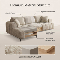 Canapé d'angle convertible de luxe en chenille, grand format, avec fonction lit, moderne et confortable, inclinable, en mousse à mémoire de forme, pour hôtel et villa, avec structure en bois