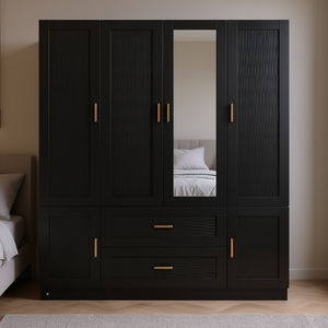 Armadio Nero in Legno con 4 Cassetti e Anta a Specchio, Mobile Moderno per Camera da Letto, Armadio Guardaroba Autoportante in Legno Massello - Product Image 2