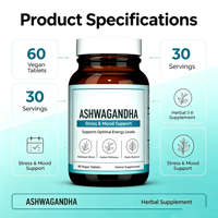 Comprimés d'Ashwagandha OEM avec gingembre fermenté et probiotiques, 60 unités, quantité pour 2 mois, complément alimentaire végétalien