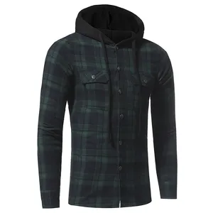 Factory direct discount price casual hoodies men button down dress hooded flannel shirt