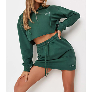 K210165 Ensemble <span class=keywords><strong>jupe</strong></span> deux pièces pour filles Survêtement d'automne et de printemps de couleur unie Tenue décontractée Ensemble jupes à capuche pour femmes - Product Image 2