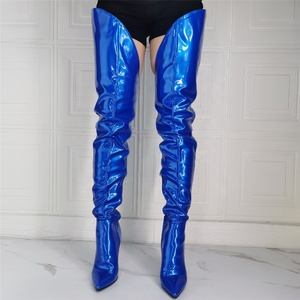 Wide Leg Fit Large Size Boots Woman Thigh <b>High</b> Royal Blue Patent Leather Heels Big Feet Custom Thin Heel Shoes - Product Image 4