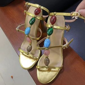 Zapatos de Tacón Alto Chunky de Verano, Mules de Moda con Punta Abierta, Tacones Dorados Elegantes para Mujer - Product Image 6
