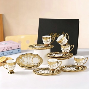 Luxury <b>Ceramic</b> Coffee and Tea Mug Set Gold Rim Cup and Saucer Gift Box European Style 6 Piece Drinkware - Product Image 5