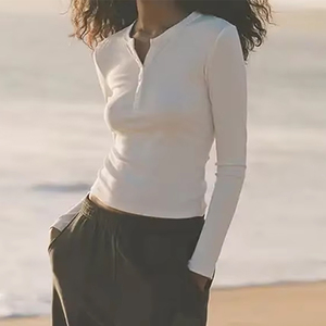 Chemise en tricot décontractée à manches longues pour femmes, coupe ajustée, boutonnée sur le devant, couleur unie, haut <span class=keywords><strong>basique</strong></span> pour tous les jours, <span class=keywords><strong>t</strong></span>-<span class=keywords><strong>shirt</strong></span> streetwear personnalisé - Product Image 1