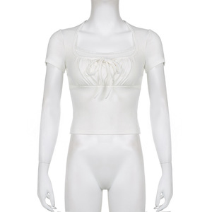 Camiseta Corta Blanca con Costuras RNSHANGER para <span class=keywords><strong>Mujer</strong></span>, Estilo Casual Vintage, Diseño de Dos Piezas Falsas con Encaje, Manga Corta, Camiseta Y2k de Verano - Product Image 5