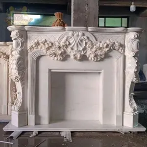 Chimenea de mármol blanco para decoración del hogar, repisa independiente con flores talladas