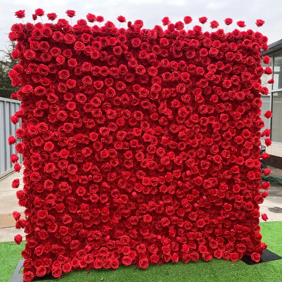 Custom 3D Red Silk Rose Flower Wall Backdrop Panel Wedding Decoration Artificial Flower Wall for wedding decoration