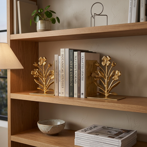 AK Brass Floral Design Metal <b>Bookends</b> Set of 2 Brass Finish Decorative Book Holders for Home Decor Library Shelf Office Decor - Product Image 3