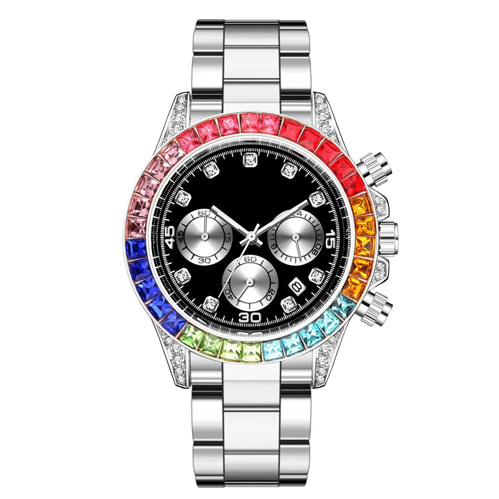 Women's Watch Black Dial Iced Out Quartz Clock Luxury Rhinestone Waterproof Wrist Watch big Size For Women