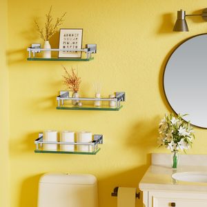 Estante de vidrio para baño con barandilla de acero inoxidable, estante de pared flotante de vidrio templado pequeño de cromo pulido sobre el inodoro - Product Image 3