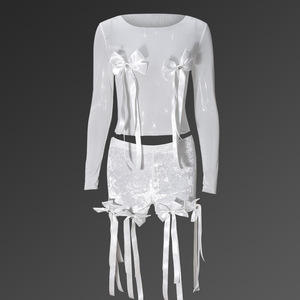 ชุดเซ็ต 2 ชิ้น เสื้อซีทรูลูกไม้แต่งโบว์ 3 มิติสุดเซ็กซี่ พร้อมกางเกงขาสั้นระบายพู่ห้อยเก๋ๆ แฟชั่นสำหรับผู้หญิง - Product Image 6