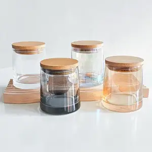 Personalización iridiscente 270ml tarros de velas de vidrio de lujo vacíos para velas contenedor de velas con tapa de madera