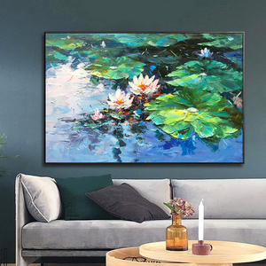 Quadro Decorativo per Soggiorno, Regalo, Dipinto a Mano 100% con Olio su Tela, Laghetto di Loto Dorato con Fiori di Loto Verdi - Product Image 6