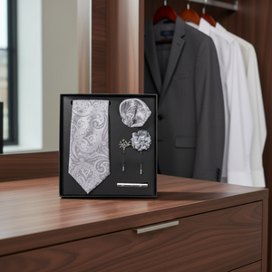 Set Regalo <span class=keywords><strong>da</strong></span> 6 Pezzi di Cravatta <span class=keywords><strong>da</strong></span> <span class=keywords><strong>Uomo</strong></span> Elegante a Righe Jacquard in Poliestere con Colletto Cashew, Foulard Quadrato e Fermacravatta - Product Image 6