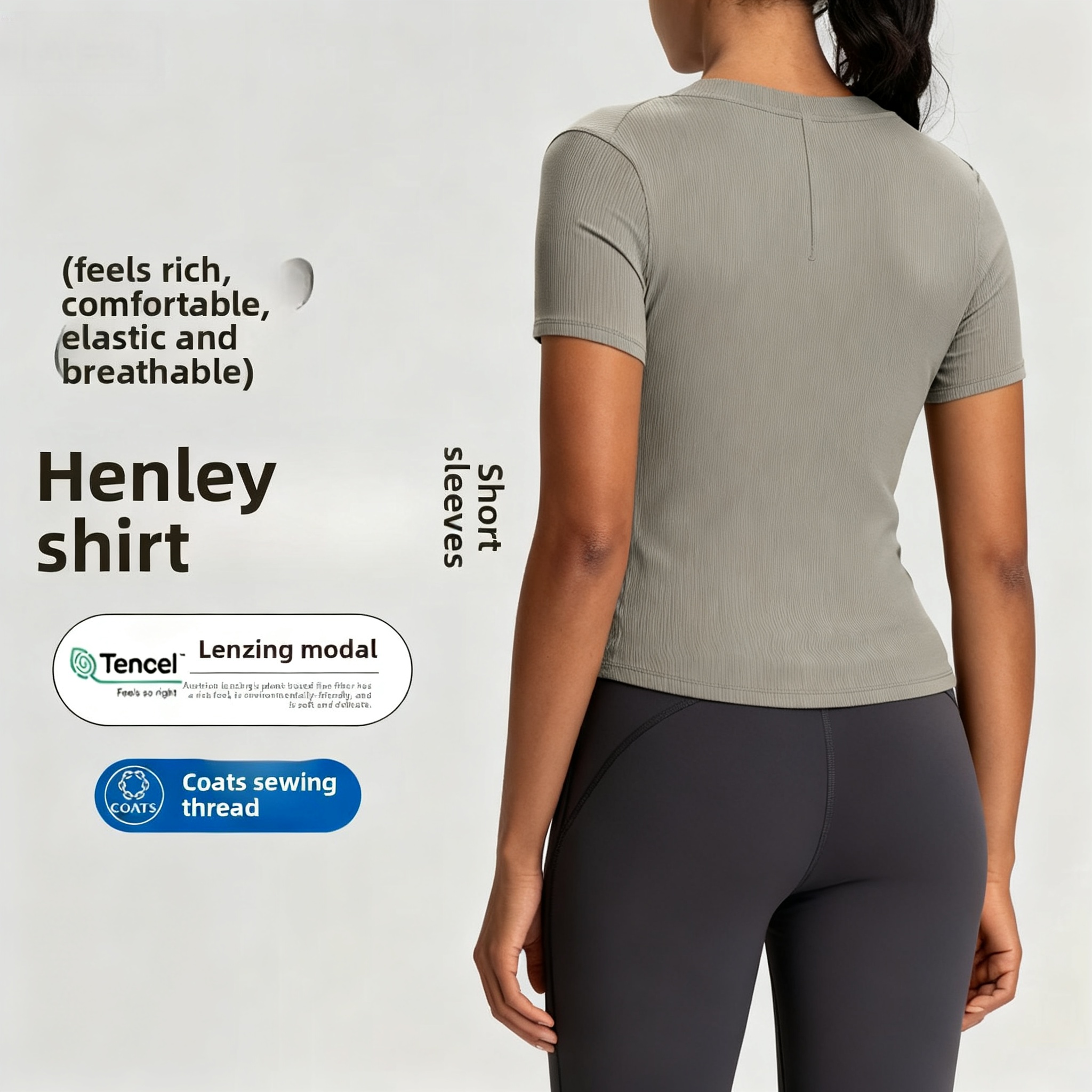 Women's Modal Henley Shirt V-neck Yoga Wear T-shirt Sports and Fitness Short-sleeved Top