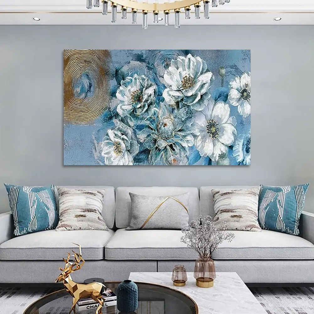 Flor cian lienzo pared arte Magnolia flor blanca pintura textura dorada gris azul pintura obra de arte decoración de la sala de estar
