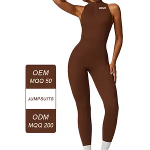CLT8534 Women's One-piece Stand-up Collar Half-zip Long Leggings, Cut-out Backless Sleeveless Jumpsuit Seamless jumpsuits