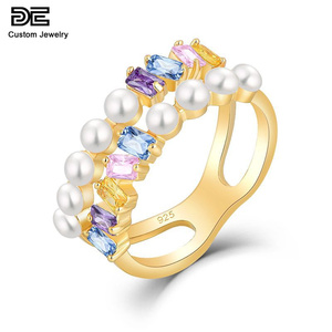 De 925 Sterling Silver Đầy Màu Sắc Đá Quý Nhẫn Ngọc Lục Bảo Cắt Đá Quý 925 Bạc Nhẫn Đầy Màu Sắc Zirconia 925 Bạc Ngọc Trai Nhẫn - Product Image 1