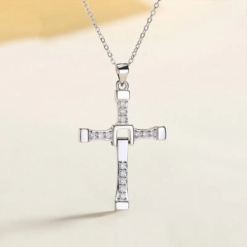 925 Sterling Silver Gothic Pink Cross Necklace Purple Zircon Punk Pendant Necklace Grunge Heart Cross Necklace for Women Jewelry