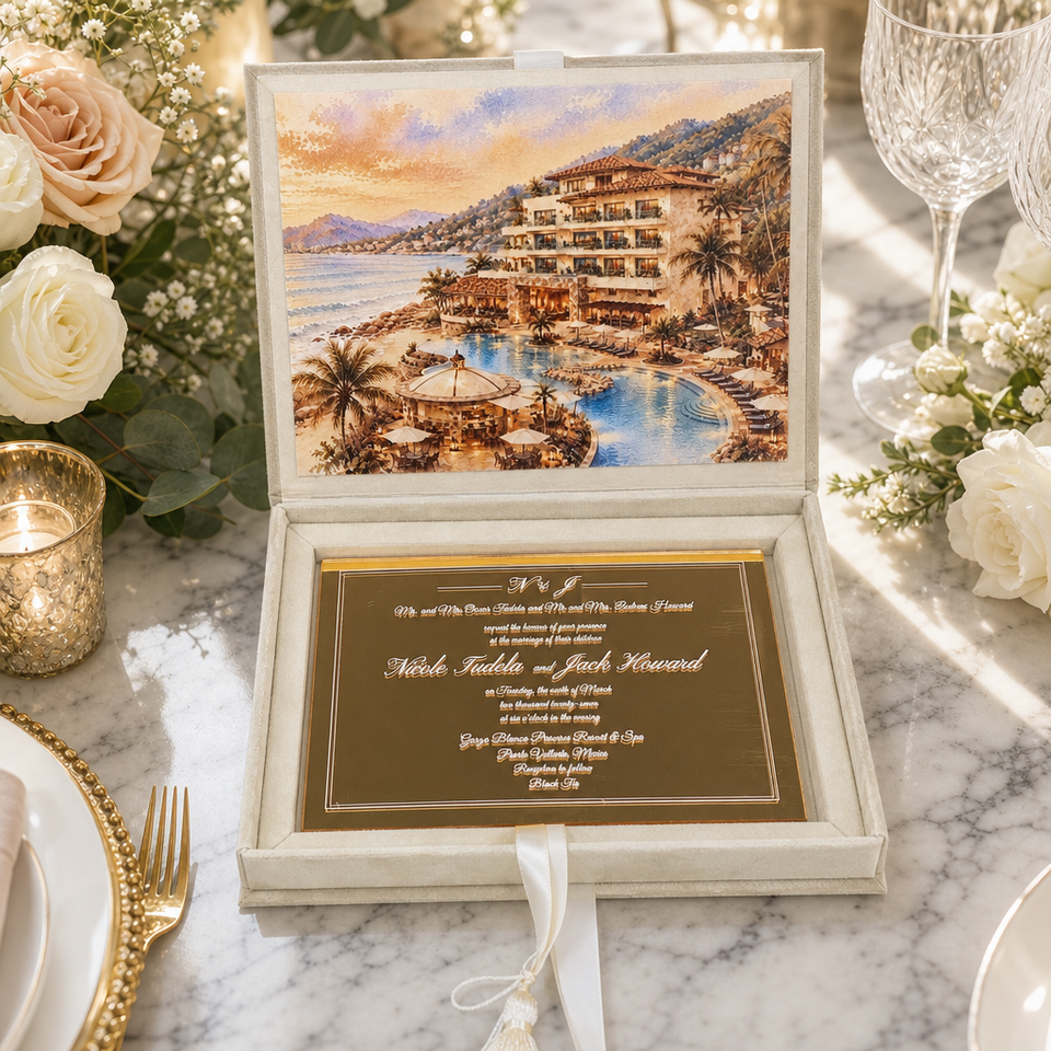 Purple Velvet Wedding Invitation Box Custom Gold Foil Acrylic Card RSVP ...