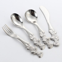 Ensemble de couverts occidentaux en acier inoxydable 304 avec poignée gaufrée motif dessin animé, cuillère, fourchette, couteau, doré et argenté, pour desserts, idéal comme cadeau