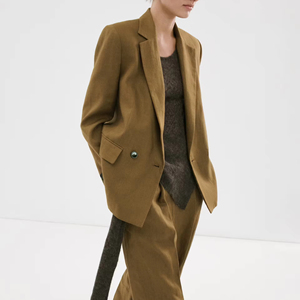 Chic Khaki Olive Linen Blend Notched Lapel Relaxed Fit Single Breasted Blazer women's suits&blaz - Product Image 3