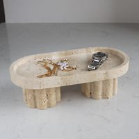 Plateau ovale en travertin naturel avec deux pieds, style simple et naturel, pour la décoration intérieure (vente en gros)