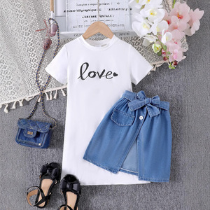 Atacado New <span class=keywords><strong>Kids</strong></span> <span class=keywords><strong>Fashion</strong></span> <span class=keywords><strong>Design</strong></span> Crianças Roupas Set Top Bow Denim Patchwork Saia Meninas Outfits - Product Image 3