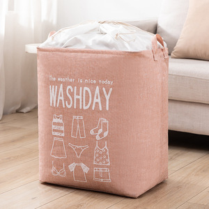Clothing Organizer Drawstring Laundry Hamper Rectangle Cotton Linen Washday Print Bedroom Storage Bag - Product Image 1