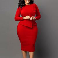 Nouvelles femmes col rond à volants hanche Wrap affaires fête Midi crayon robes afrique femmes mode bureau OL robe formelle