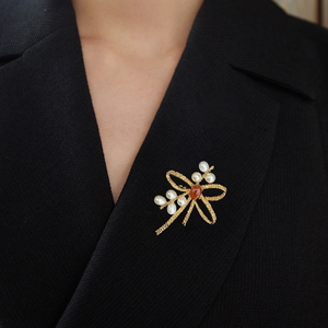 <b>Bow</b> Brooch with Natural Amethyst & Garnet Two Colors Option 18K Gold Plated Copper Freshwater Pearl Lapel Pin Women Apparel Jew - Product Image 5