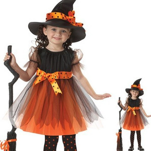 Witch Costume For Kids Orange Black Tutu Dress With <b>Hat</b> And Broom Halloween Cosplay Outfit Age 5 7 Years - Product Image 1