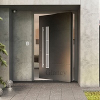 Porte d'entrée principale de villa, moderne, en acier, avec design graphique en verre, fabrication en usine, portes pivotantes de sécurité en aluminium