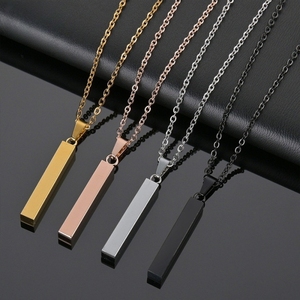 <strong>Vertical</strong> Rectangular Custom Personalized Message Text Engraved Wholesale Stainless Steel Blank Bar Pendant Necklace With <strong>Chain</strong> - Product Image 3