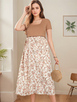 Robe longue de maternité décontractée d'été à manches courtes, respirante, à blocs de couleur, à motif floral, coupe ample, avec emmanchement frontal pour allaitement