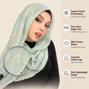Pañuelo Hijab Zifeng OEM con Bordado Floral y Borde con Borlas, Pañuelo Versátil para la Cabeza, Moda Musulmana para Mujer - Product Image 1