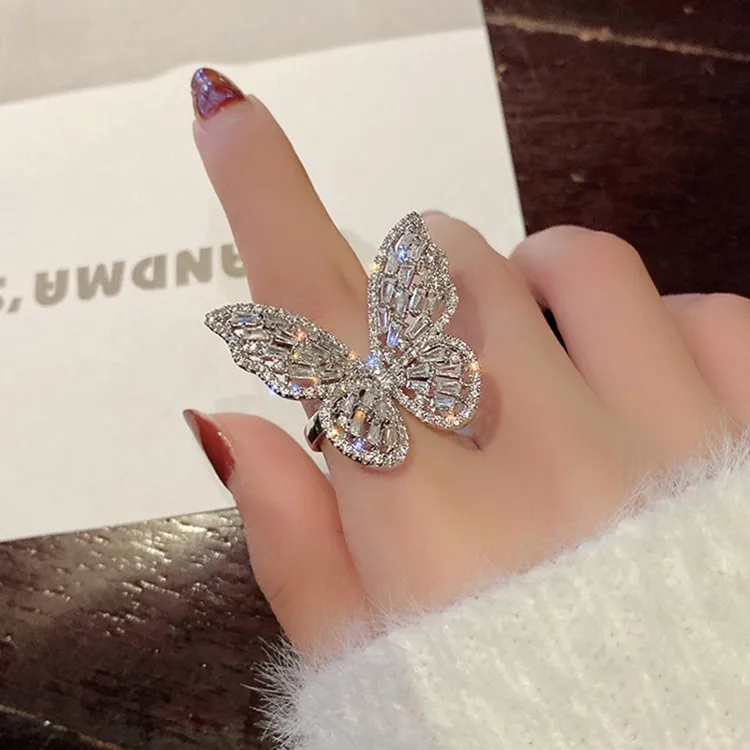 Luxury Elegant Lady Accessories Jewelry Wedding Big Open Women Finger Silver Zircon Butterfly Rings