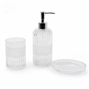 Clear Cut Glass Bathroom <b>Set</b> with Diamond Band Detail, 3-Piece Lotion Dispenser Tumbler <b>Soap</b> Dish - Product Image 2