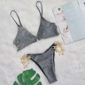 Traje de Baño Sexy <span class=keywords><strong>TIKTOK</strong></span> con Cadena de <span class=keywords><strong>Bikini</strong></span> de Seda Brillante, Accesorios de Concha de Perla, Traje de Baño con Tiras para Mujer - Product Image 5